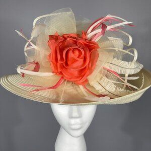 Off White/Cream and Coral KENTUCKY DERBY or SUNDAY CHURCH SERVICE HAT